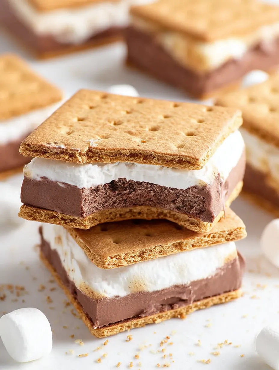 A stack of three frozen s'mores chilled delight.