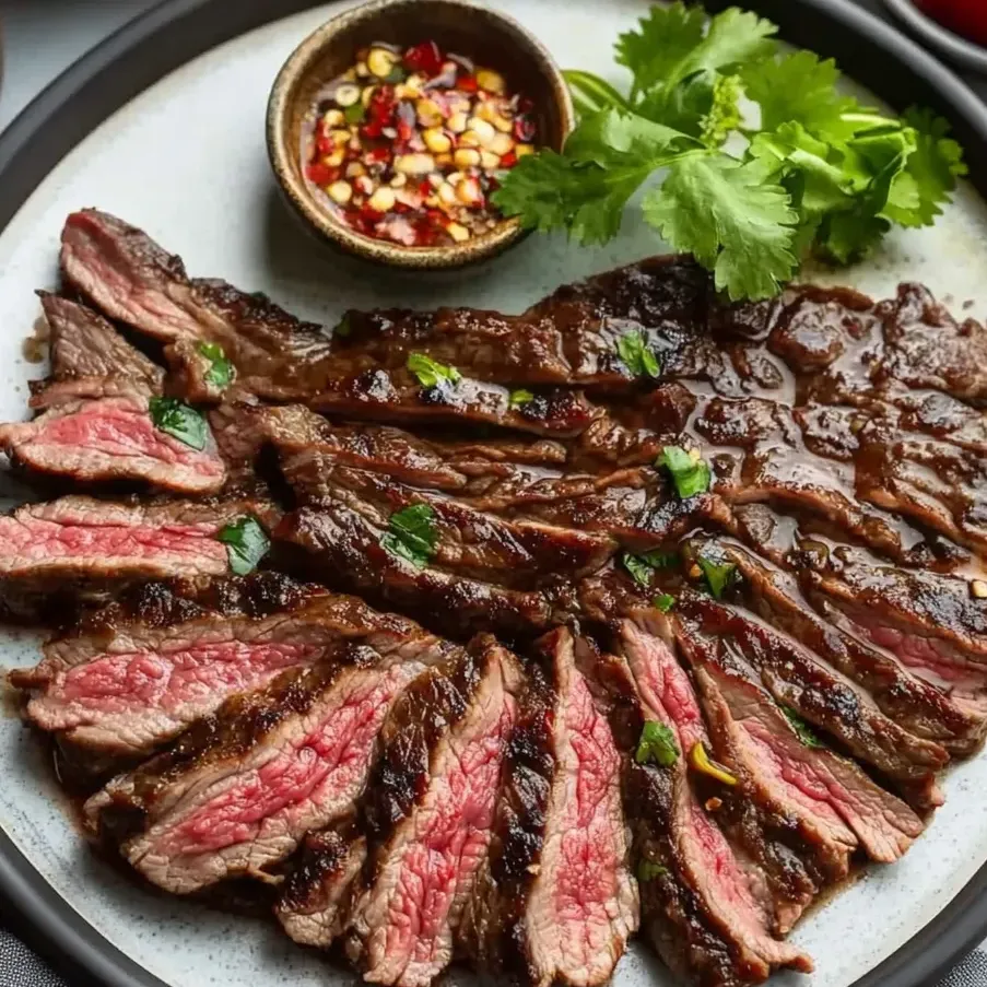 Slices of beef arranged on a plate with a small bowl of dipping sauce.