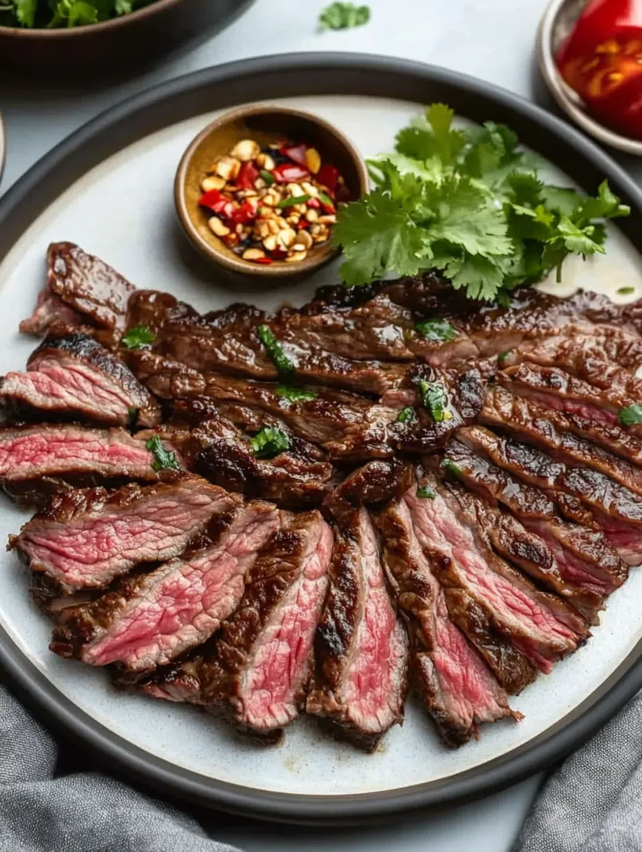 A plate of beef with a bowl of peppers and onions.