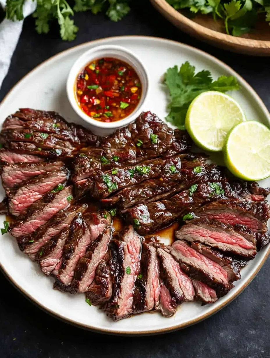 A plate of beef with a bowl of sauce.