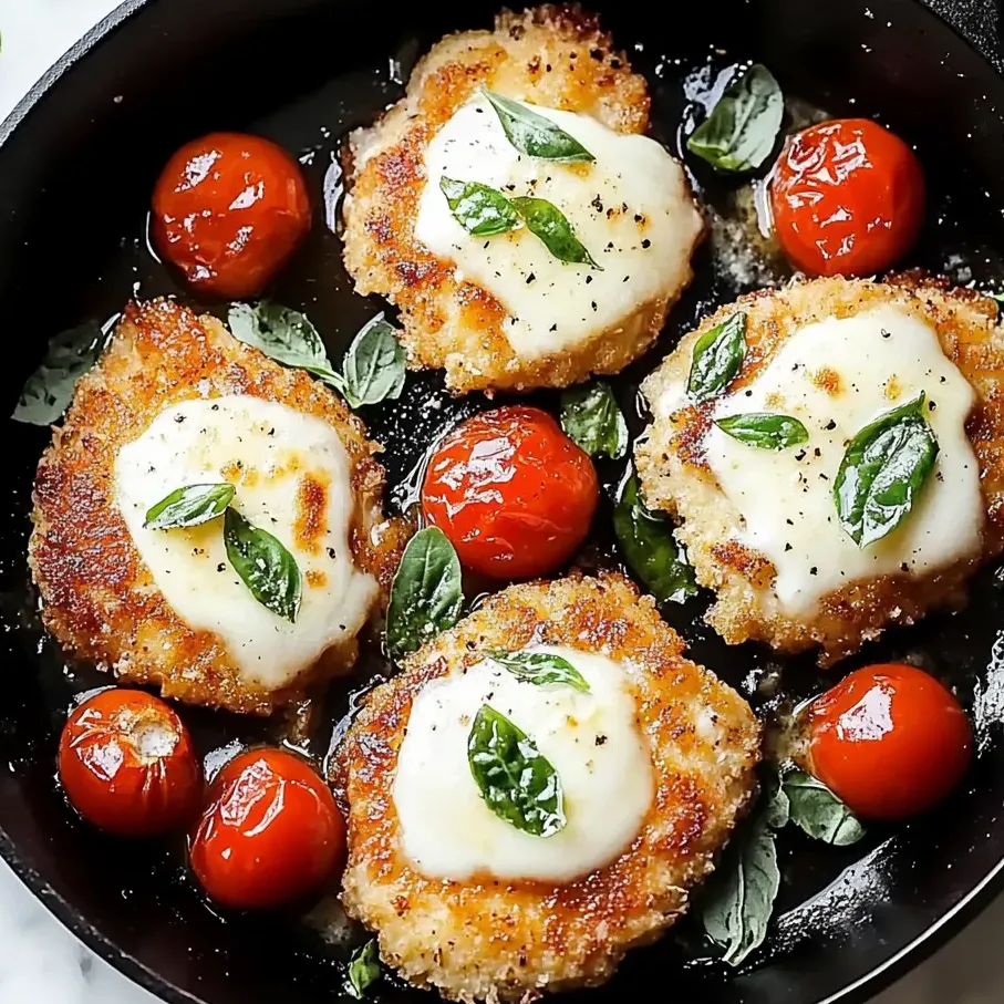 Golden chicken cutlets with Parmesan and mozzarella in a pan.