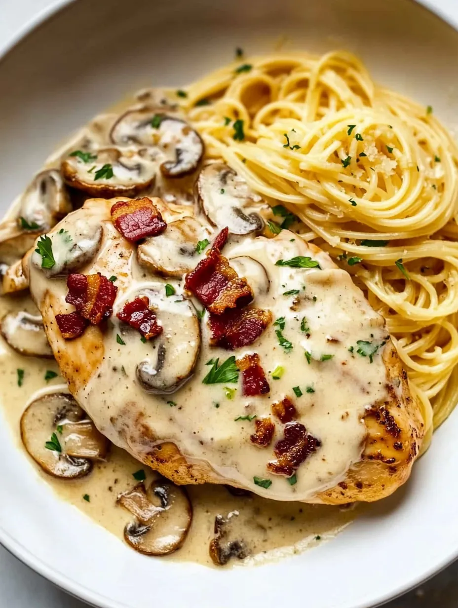 A plate of chicken with mushrooms and meat recipe.