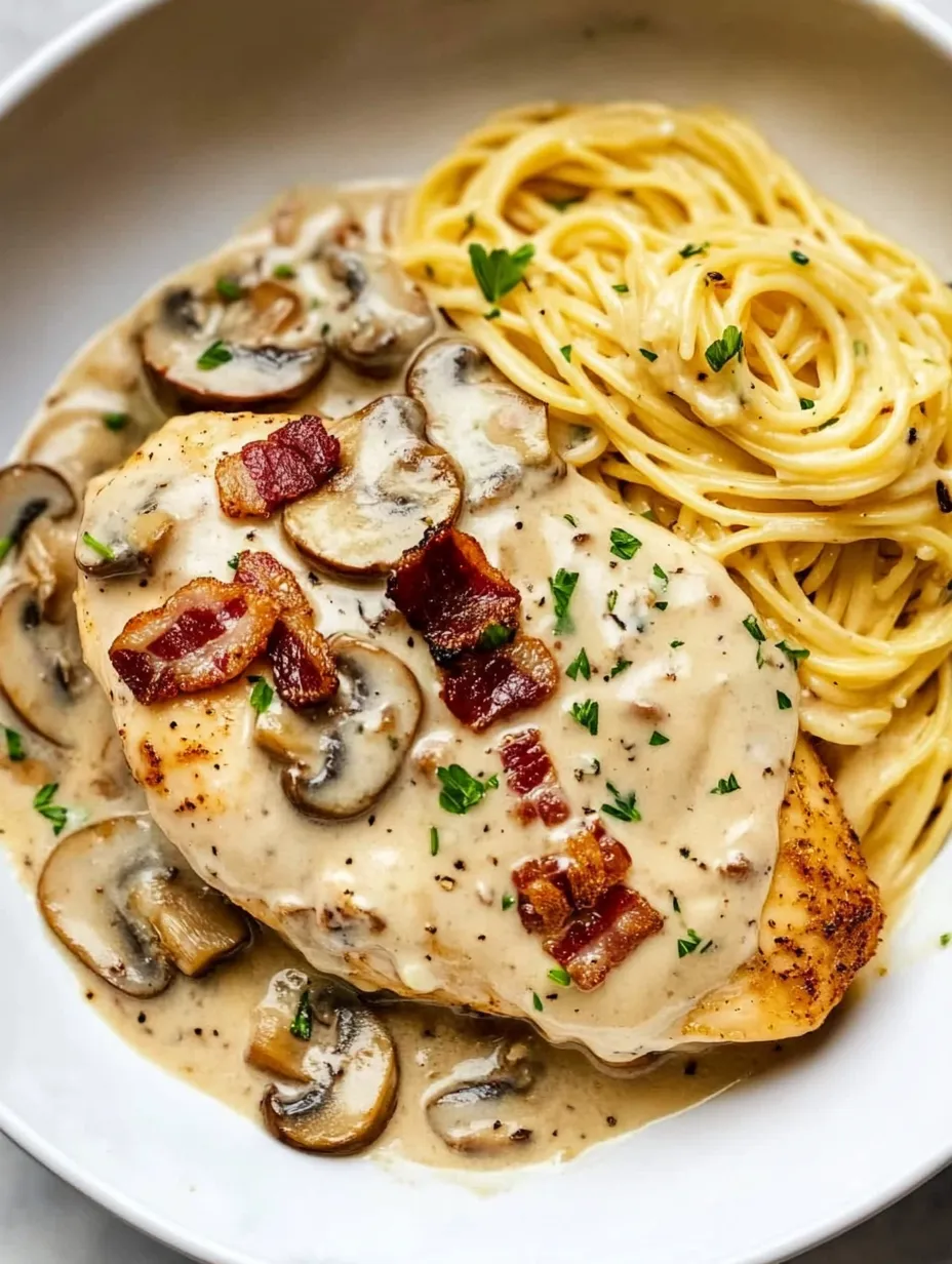 A plate of chicken with mushrooms and meat.