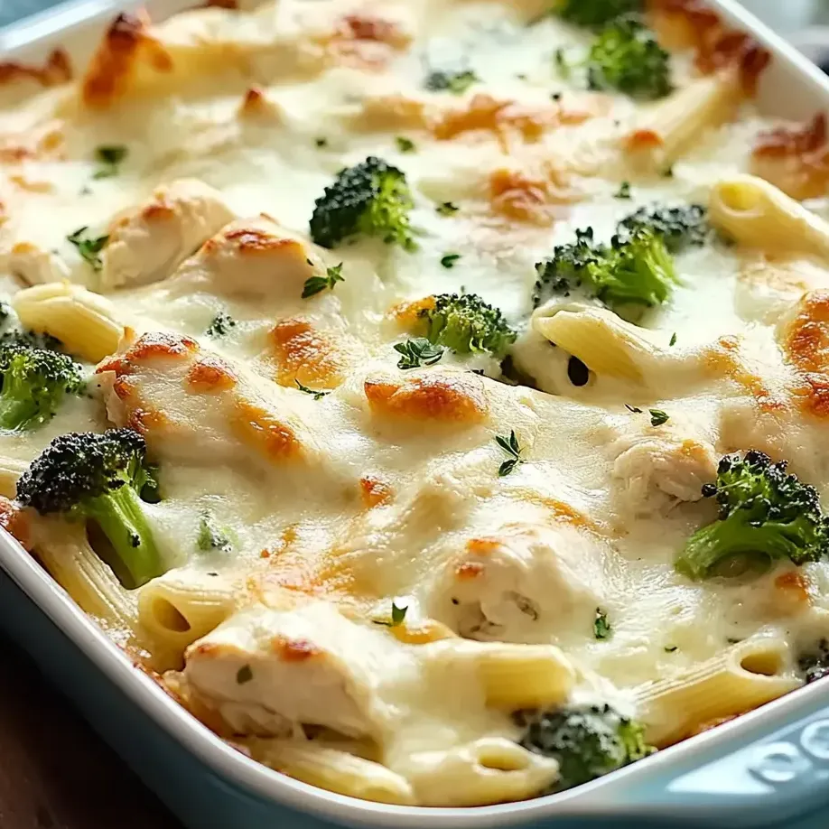 A bubbling dish with chicken, broccoli, and creamy pasta.