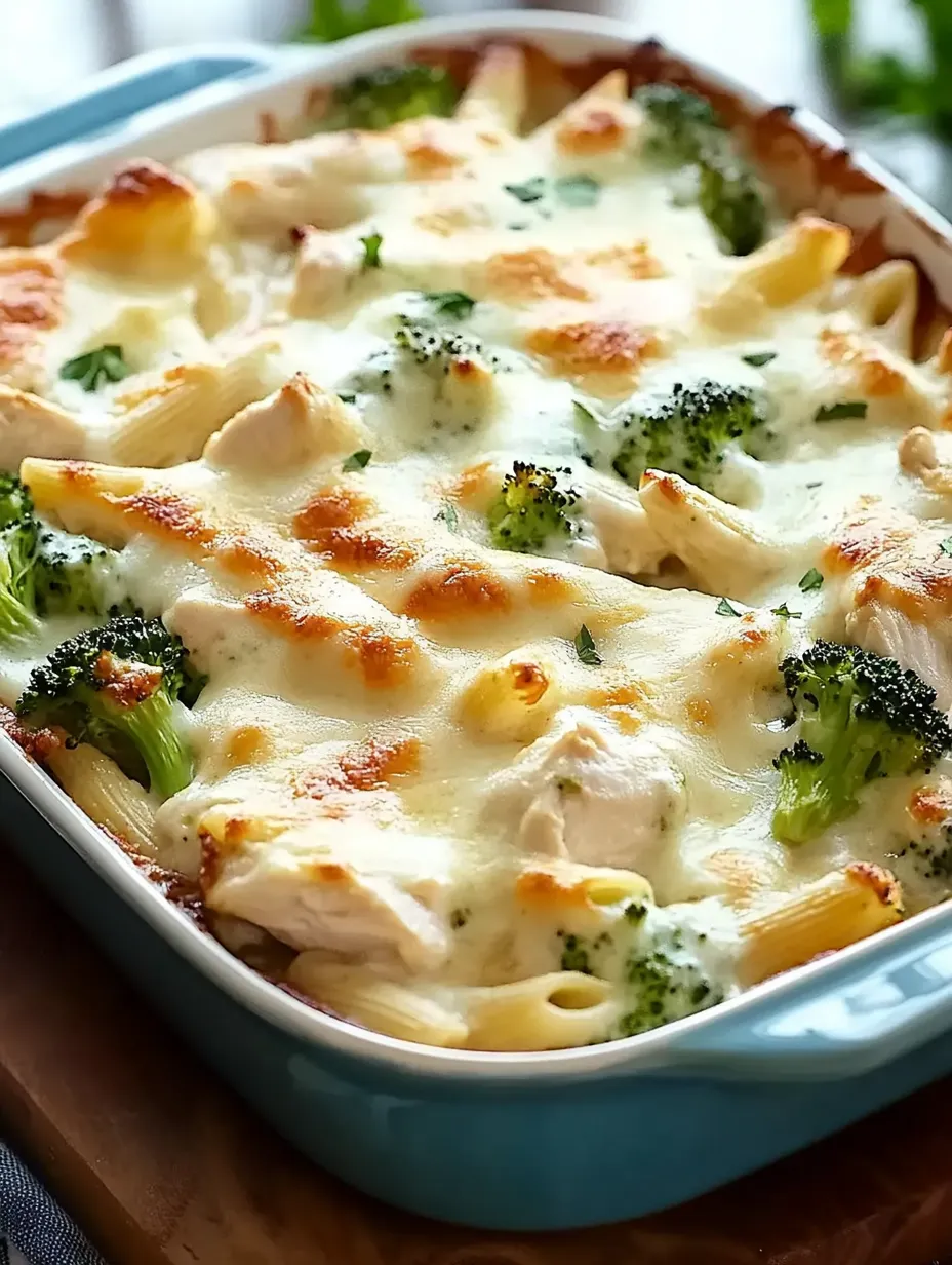A dish of chicken and broccoli alfredo bake.