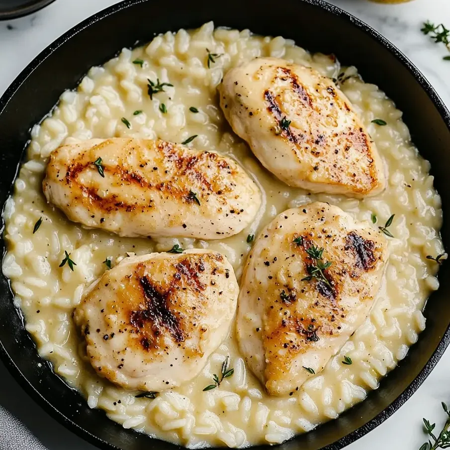 Golden seared chicken resting on creamy Parmesan rice and peas.