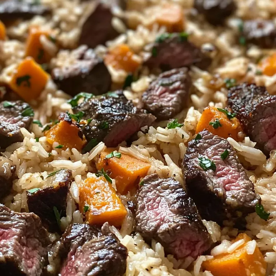Skillet filled with steak, cheesy rice, and veggies.