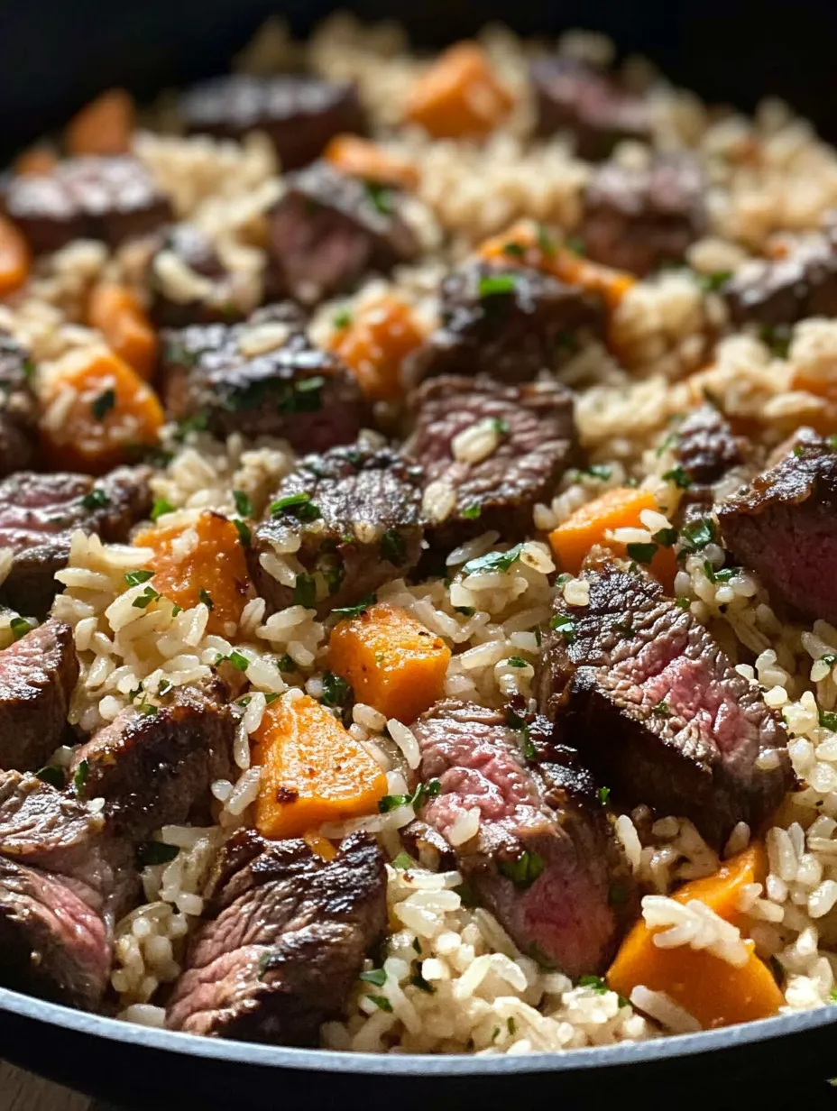A hot skillet filled with savory beef, fluffy rice and melted cheese.