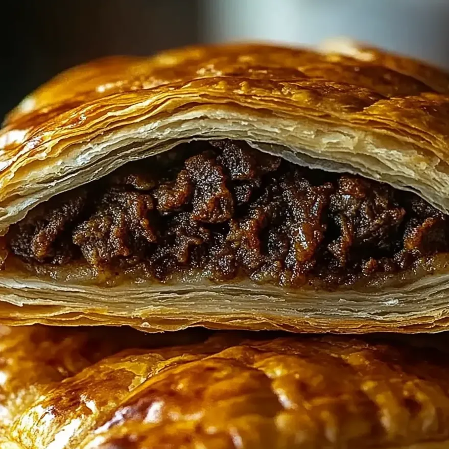 A golden Jamaican beef patty on display.