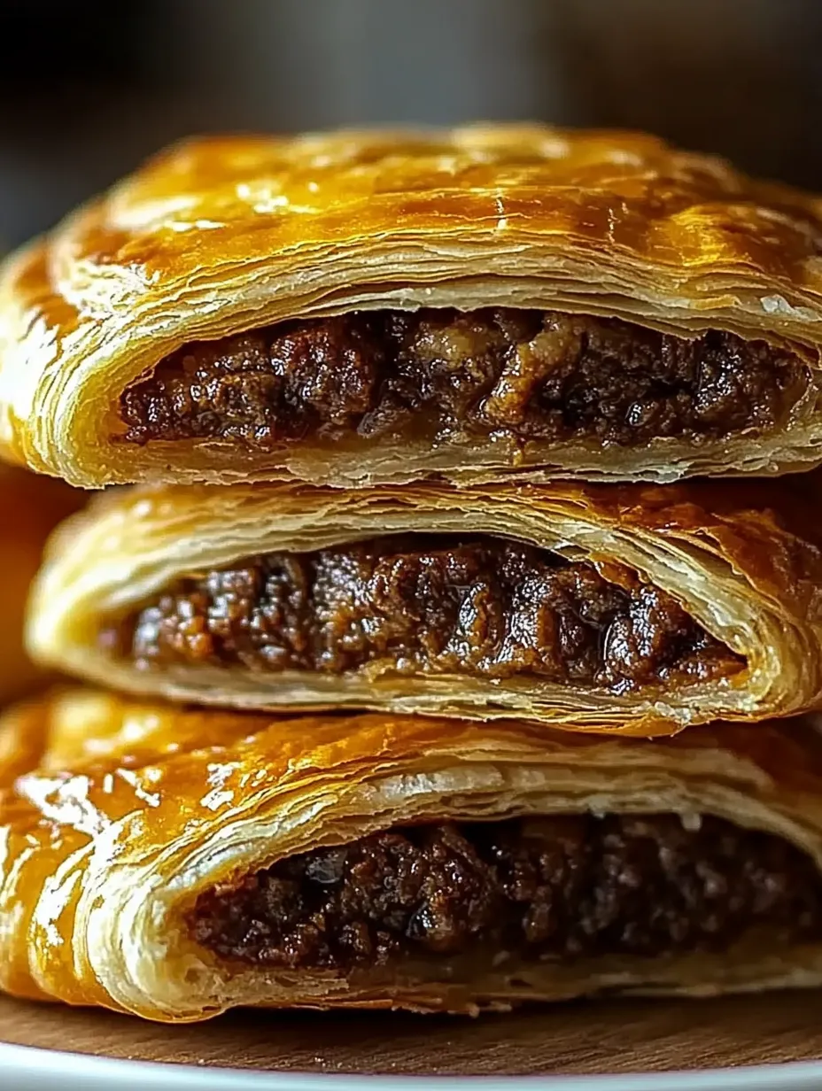 Three Jamaican beef patties stacked on top of each other.