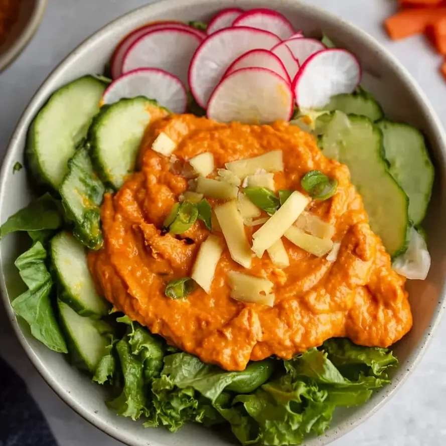 A colorful salad bowl with fresh vegetables like cucumbers and radishes.