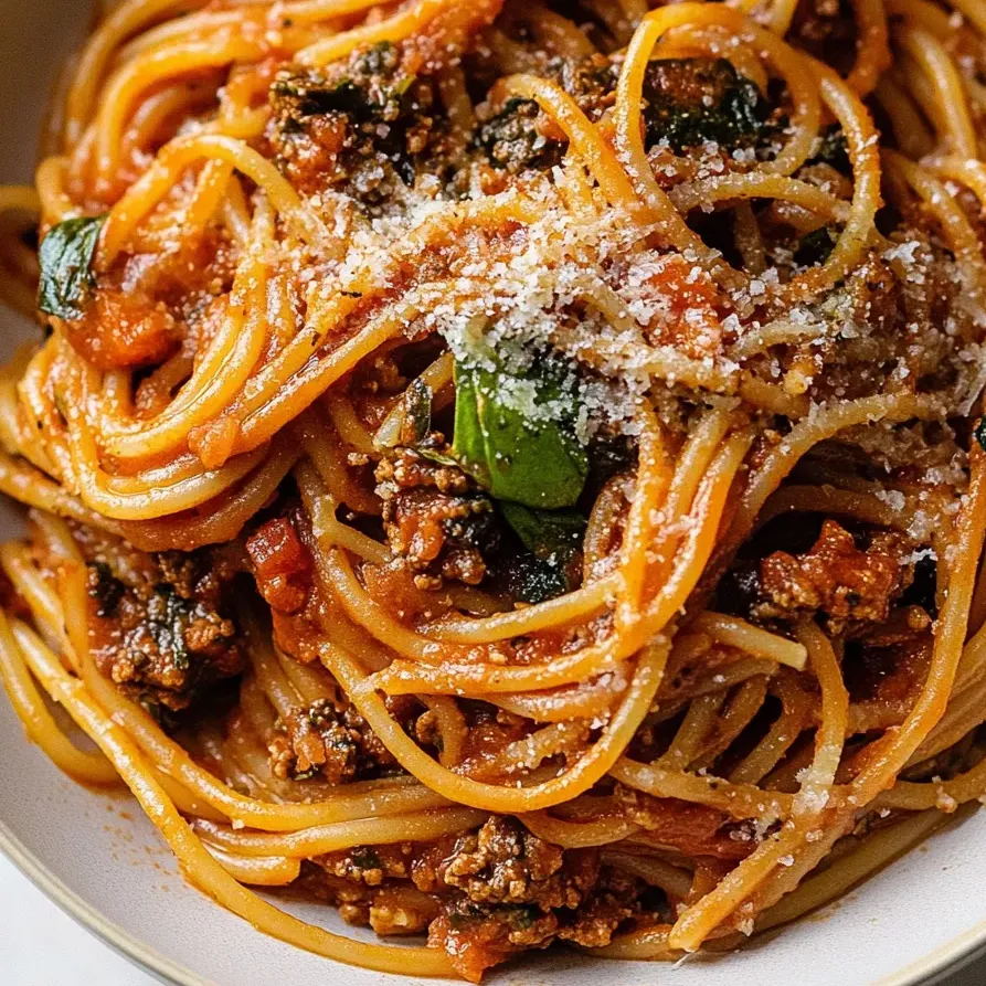 A hearty plate of spaghetti with meat sauce and a topping of cheese.