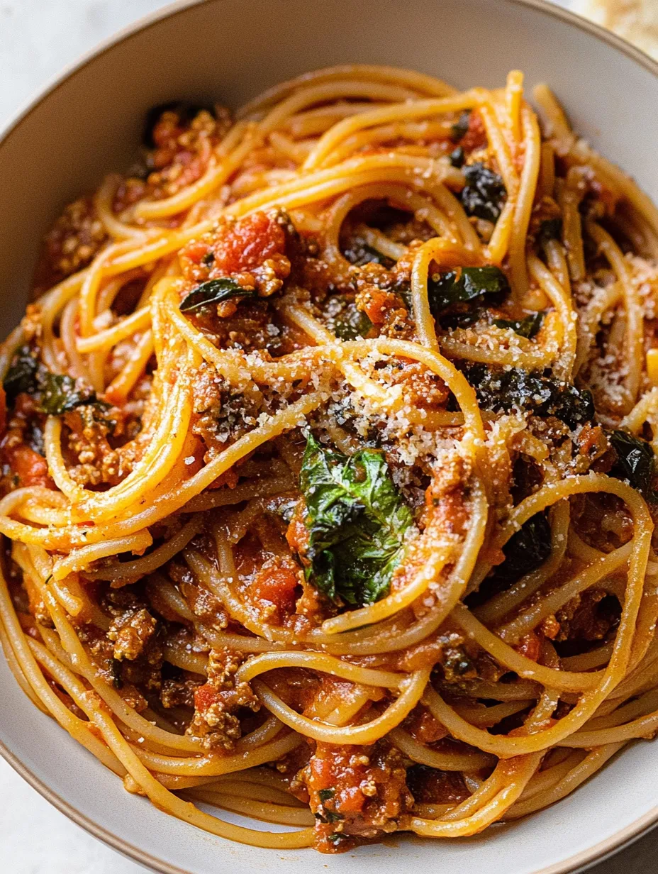 A bowl of spaghetti with tomato sauce and herbs.