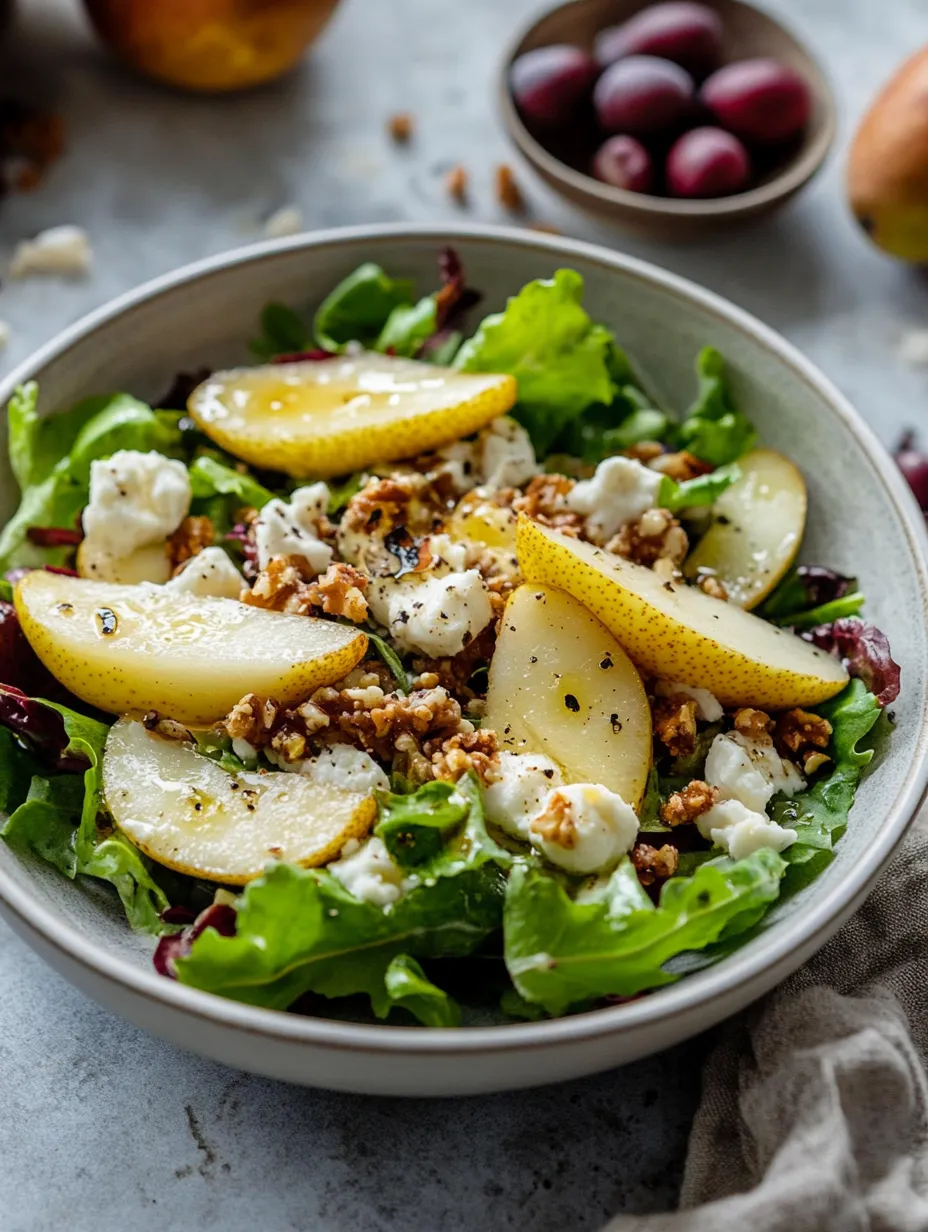 A bowl of salad with pear, feta, and lettuce.