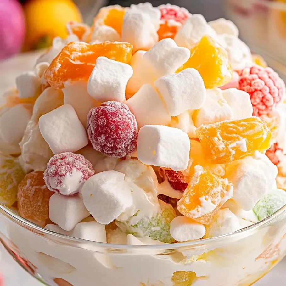 Bowl filled with creamy fruit salad topped with marshmallows.