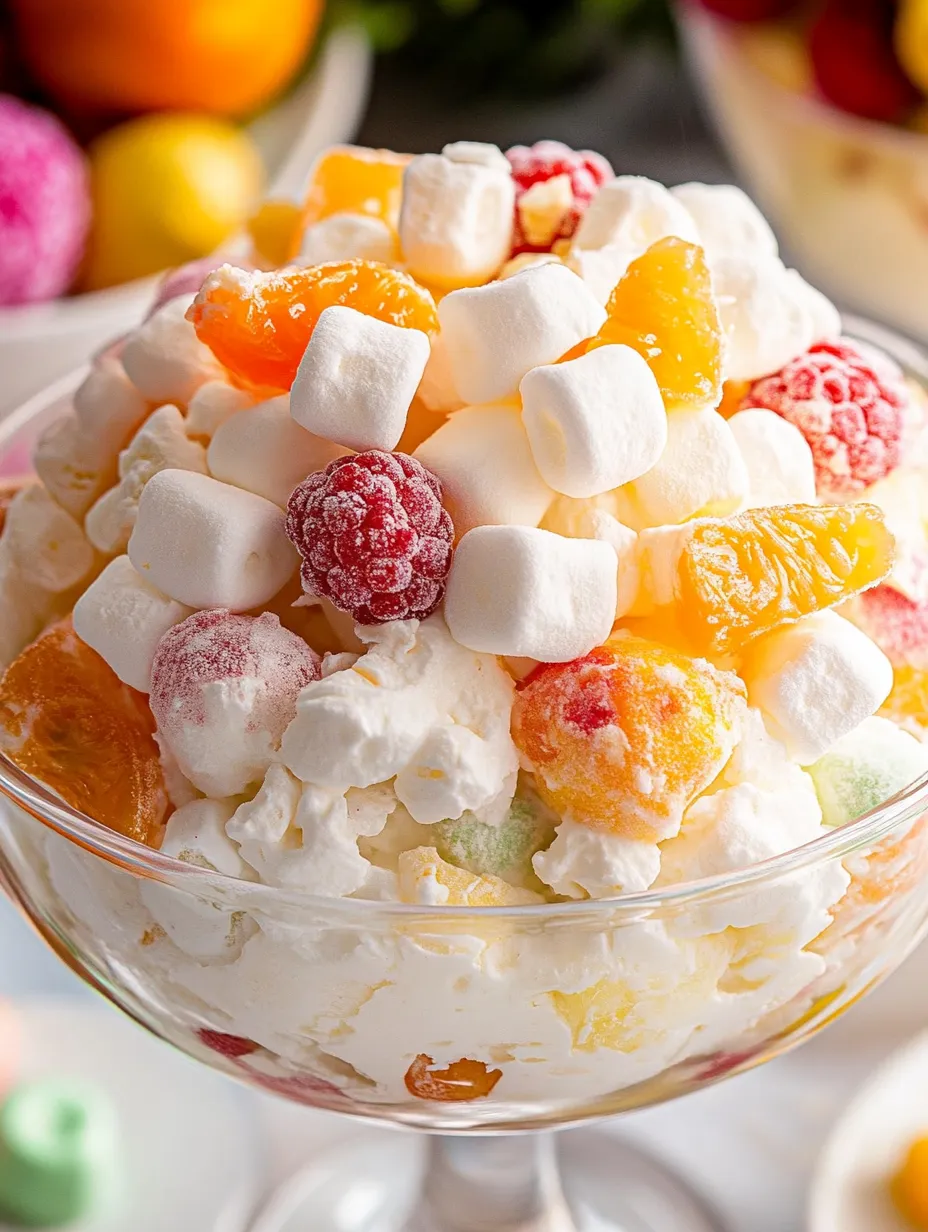 A bowl of fruit salad with marshmallows on top recipe.
