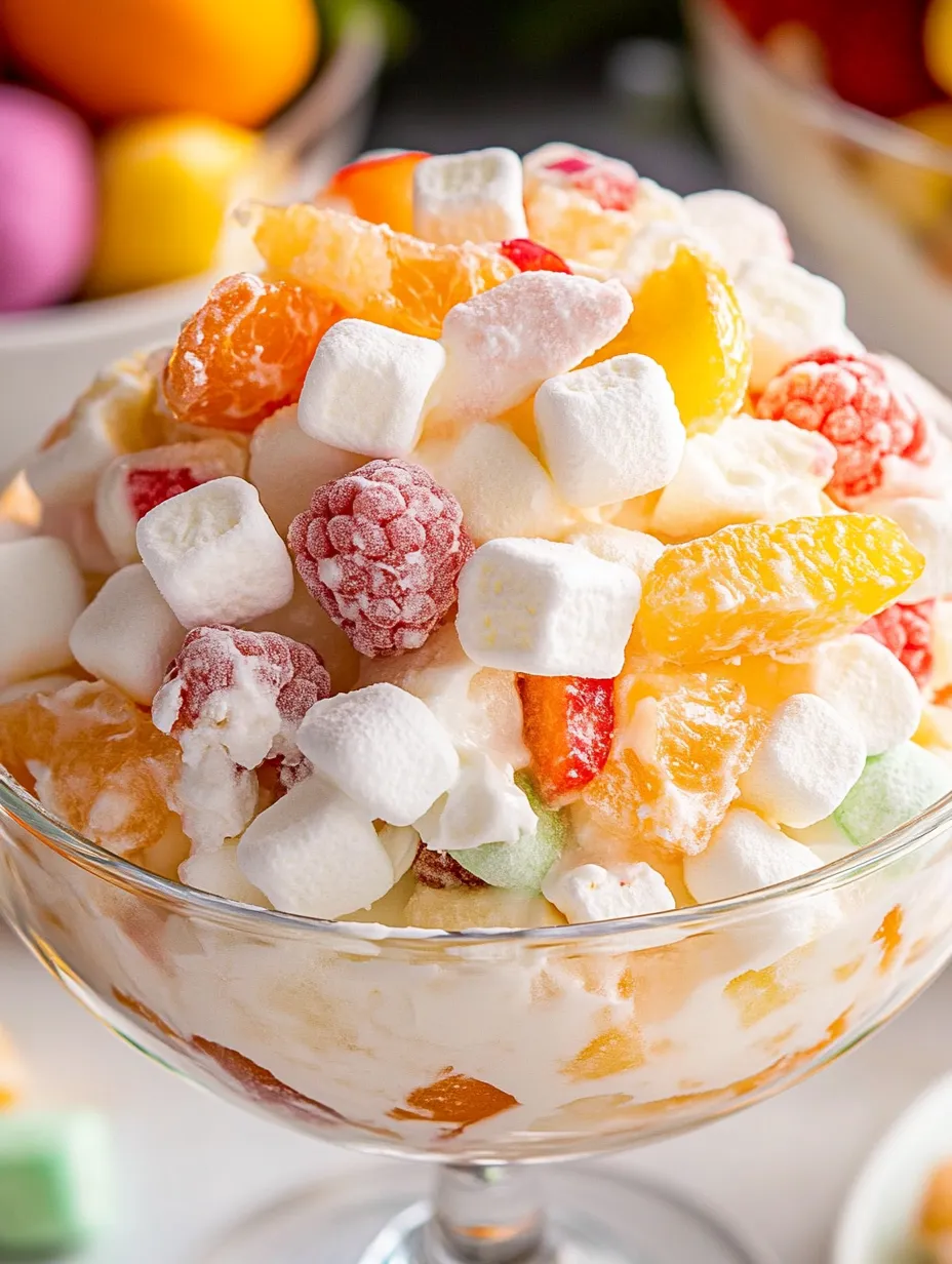 A bowl of fruit salad with marshmallows on top.