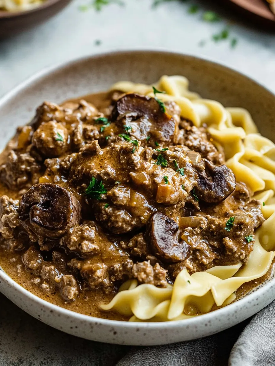 A bowl of hamburger stroganoff recipe.