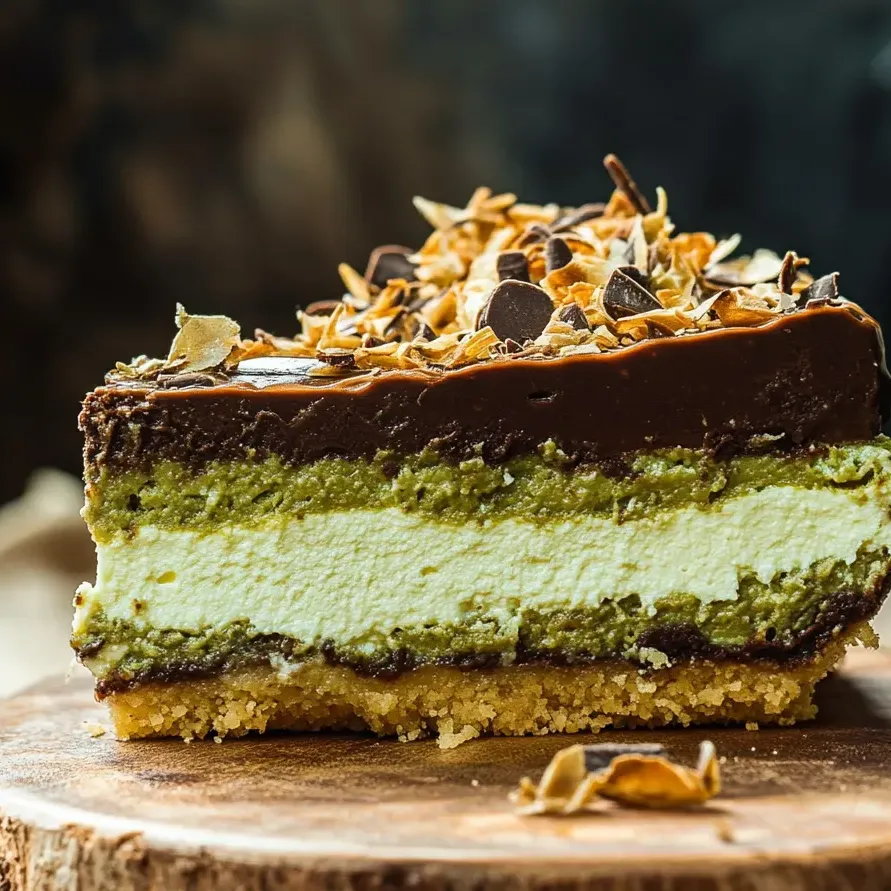 A decadent slice of chocolate and pistachio cheesecake with nuts on top.