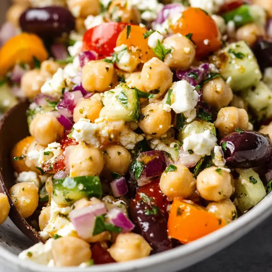 A colorful bowl featuring a Mediterranean chickpea mix.