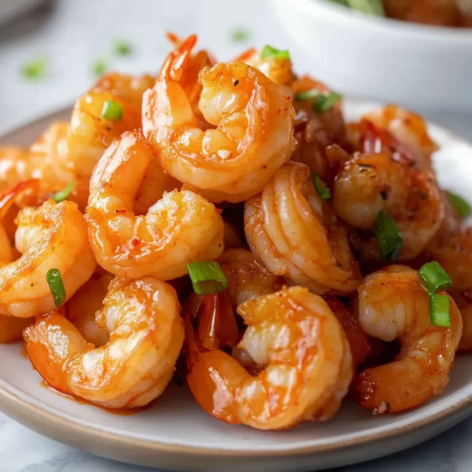 A bowl of golden shrimp with a spicy glaze.