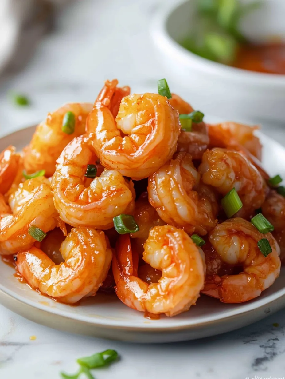 A plate of shrimp with a spicy sauce recipe.