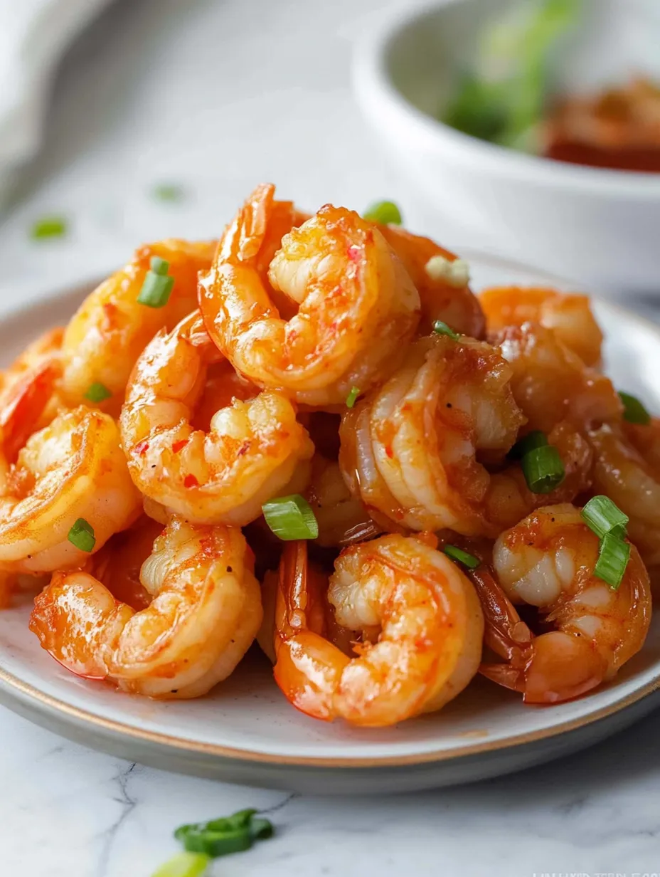A plate of shrimp with a spicy sauce.