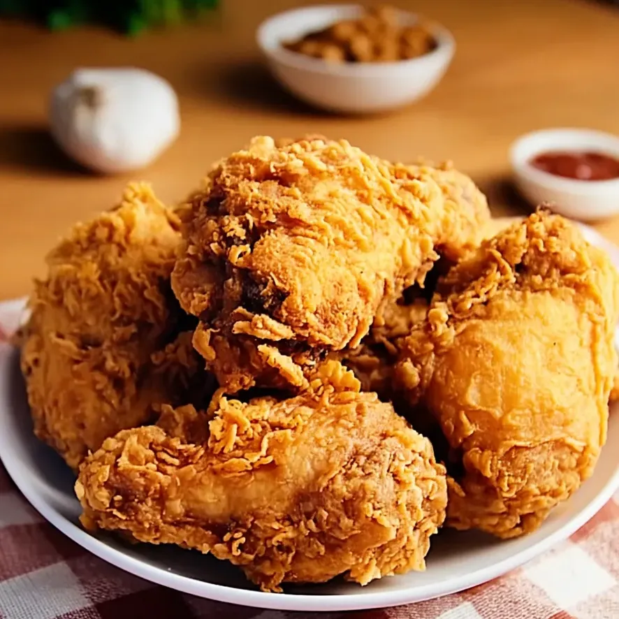 Crispy chicken on a plate with seasoning in a bowl beside it.