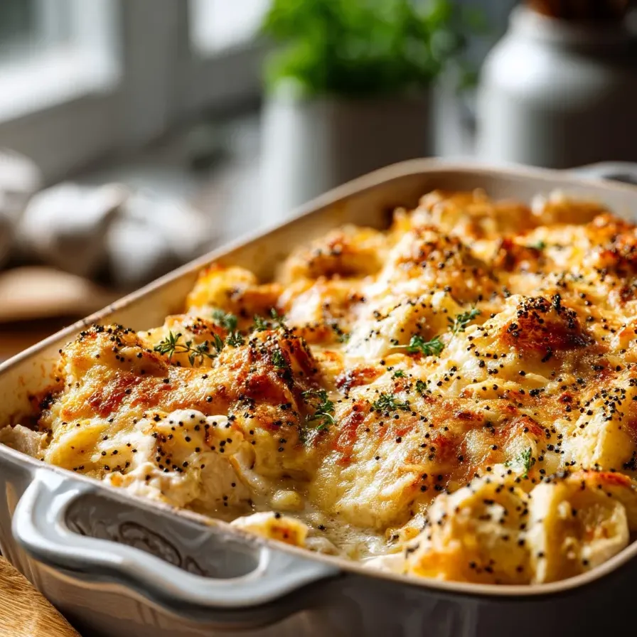 A warm chicken casserole topped with a crunchy cracker layer and poppy seeds.