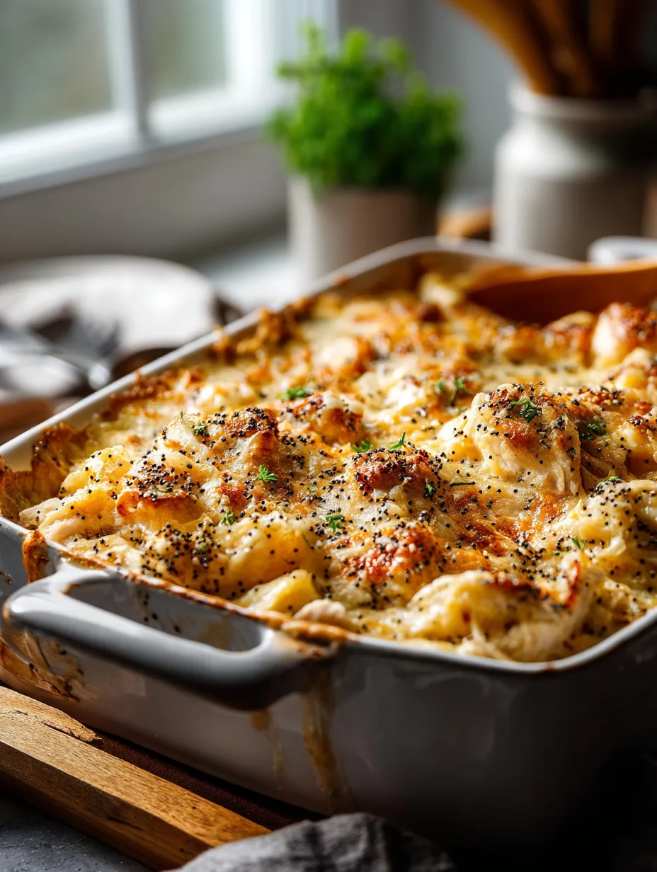 A casserole dish filled with chicken and poppy seeds.