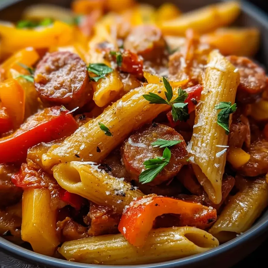 Pasta bowl with sausage and peppers.