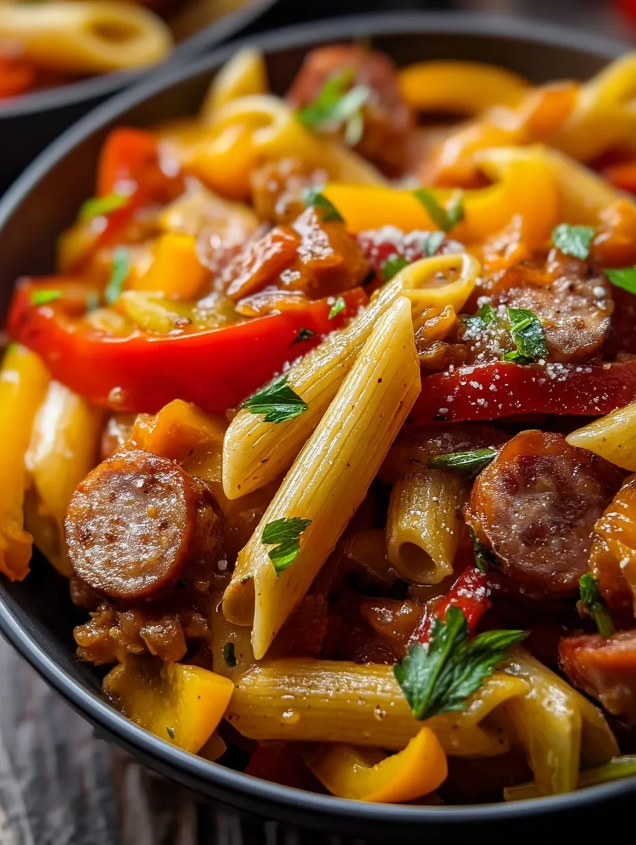 A bowl of Sweet Pepper & Sausage Pasta.