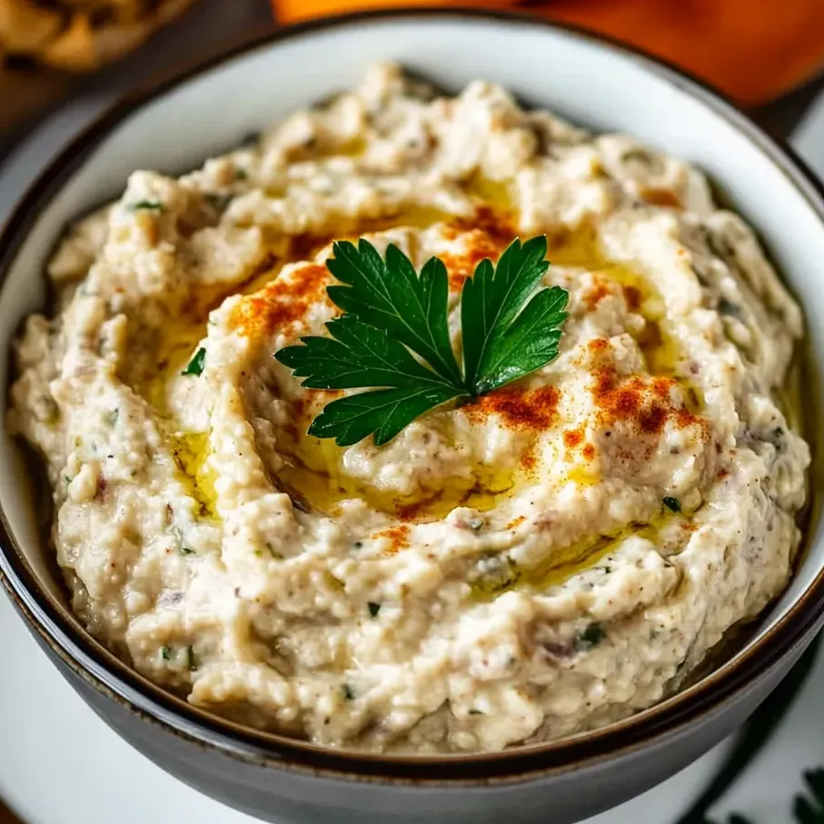 A creamy bowl of eggplant dip with fresh herbs sprinkled on top.