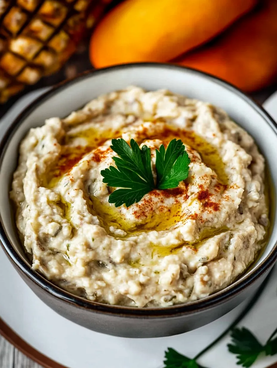 A bowl of Baba Ganoush dip with a green herb on top.