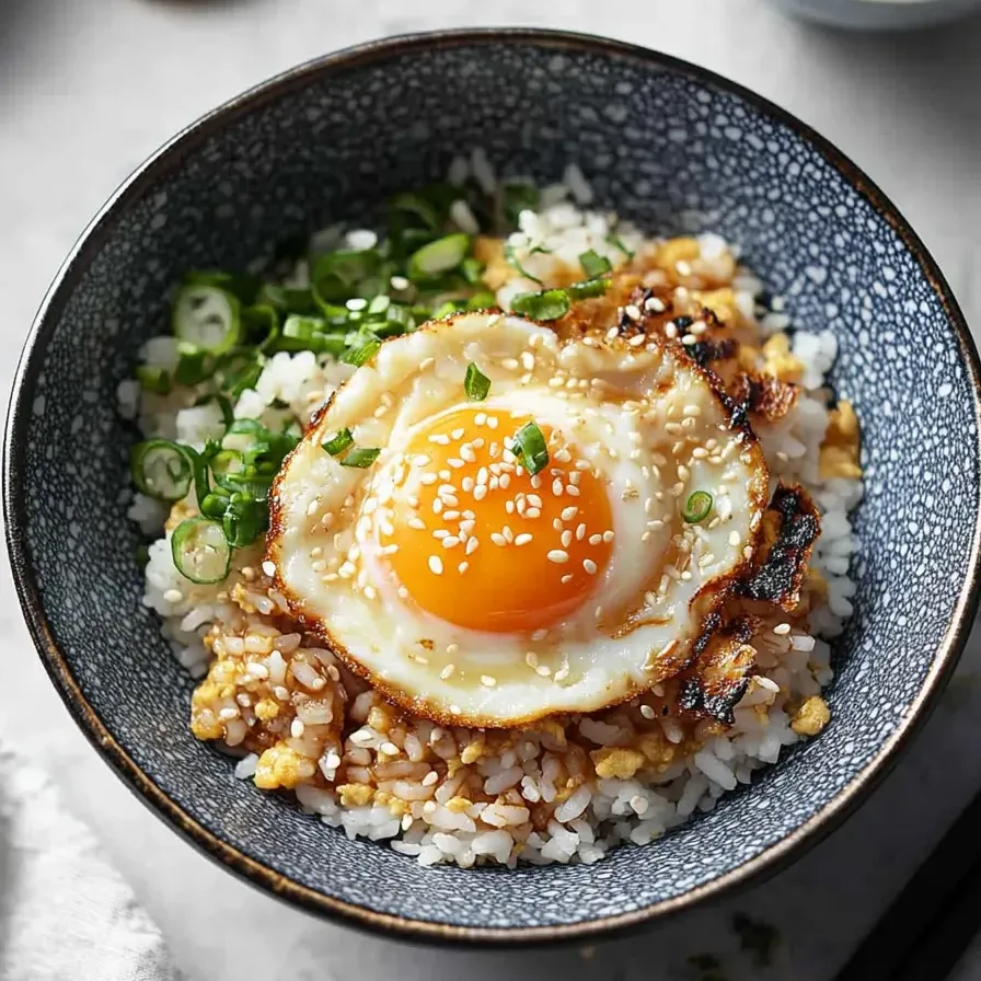 Warm rice in a bowl topped with a sunny egg and seasonings.