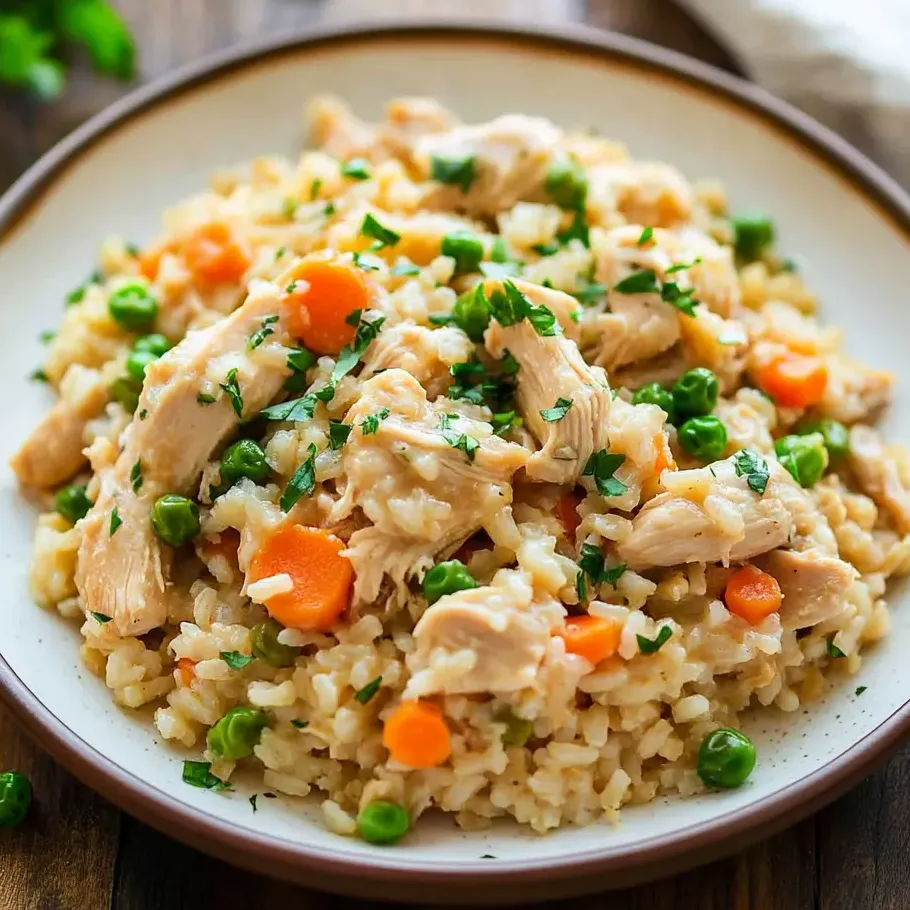 A cozy bowl of fluffy rice, chicken, and peas.