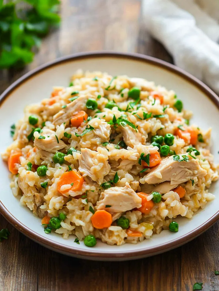A bowl of rice with chicken and peas.