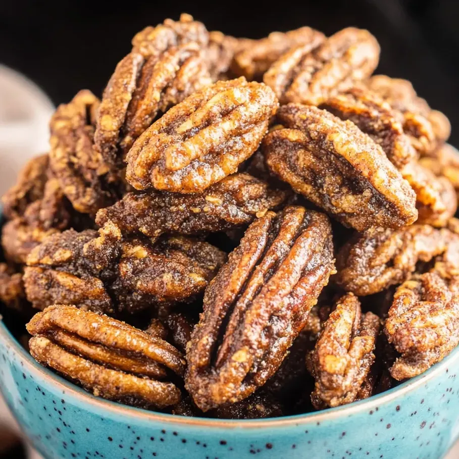 A bowl of glossy pecans with a sweet maple coating.