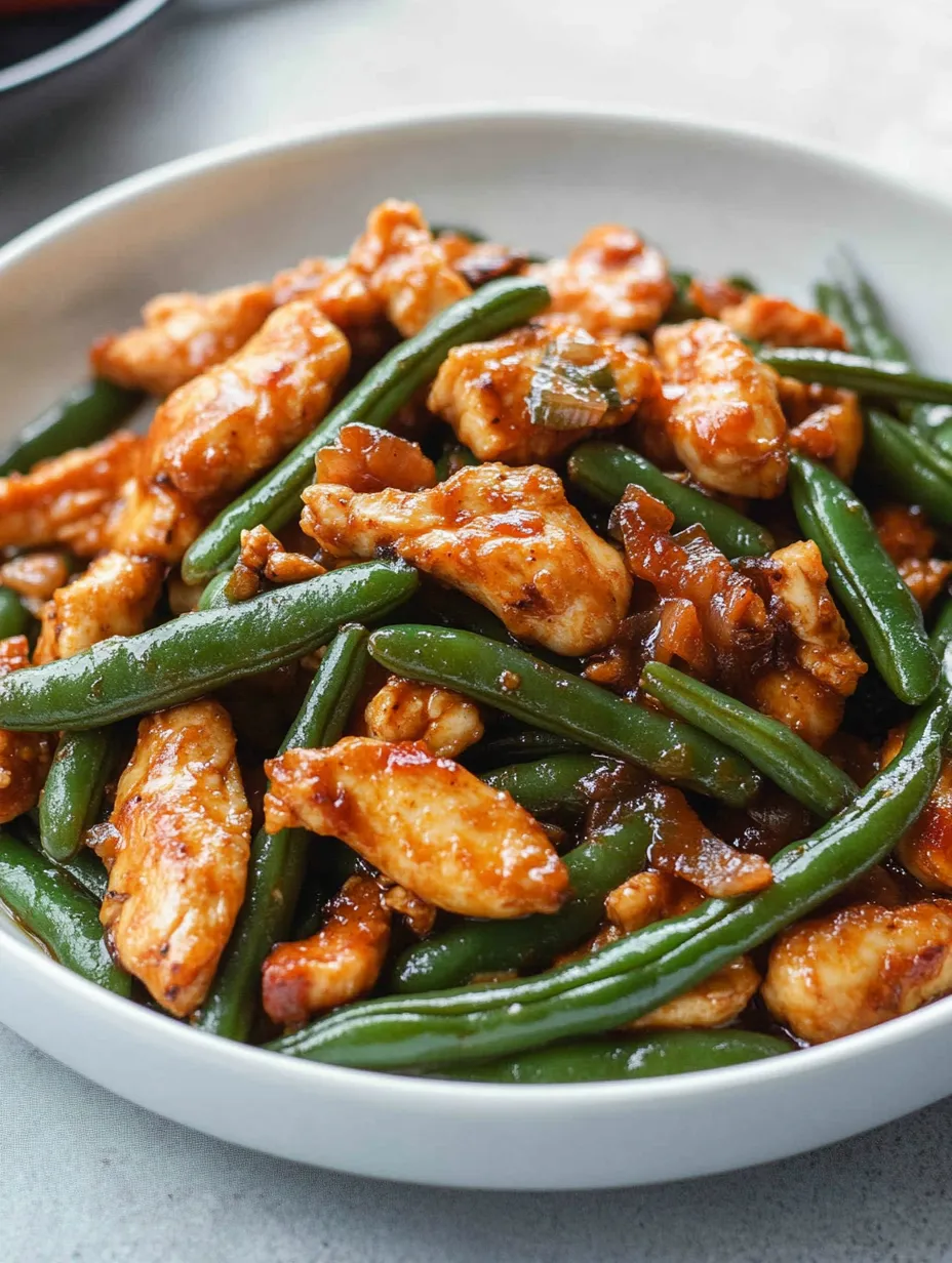 A plate of chicken with green beans.
