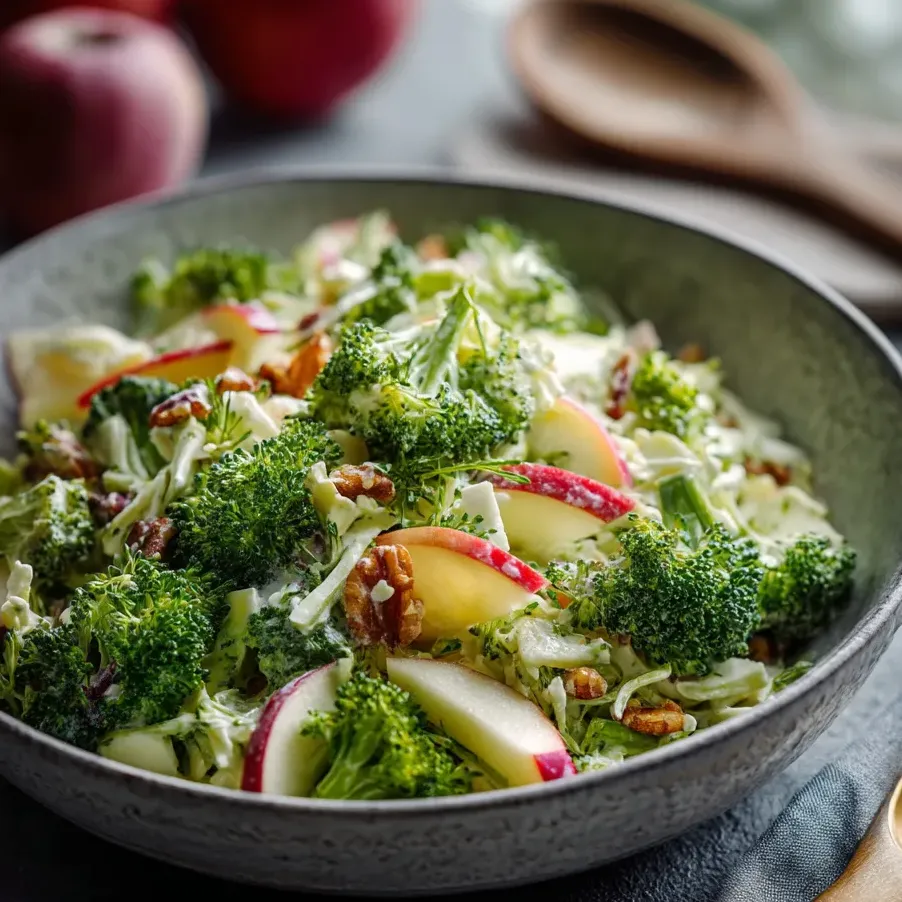 A bowl of creamy broccoli salad with apples and cheddar.