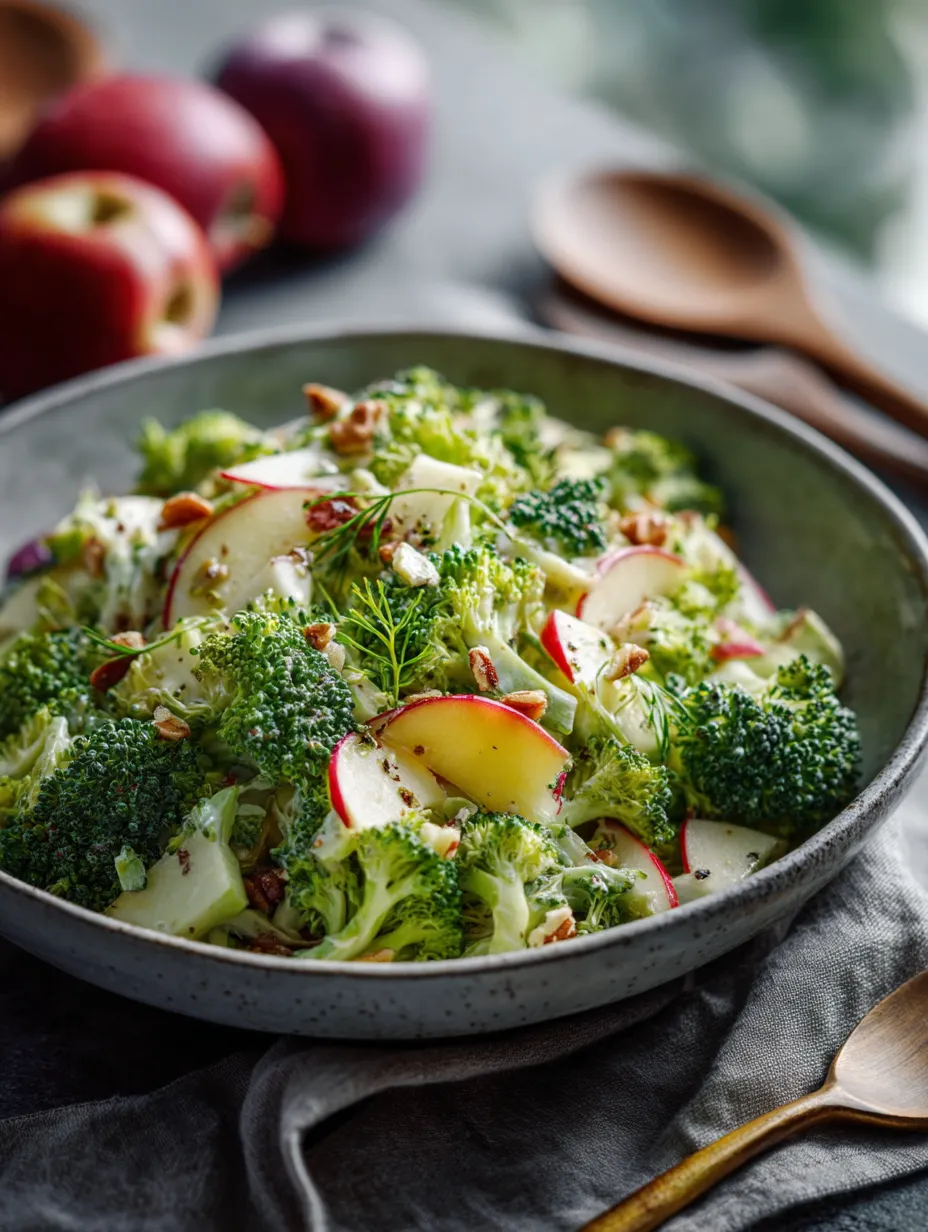 A bowl of chunky broccoli waldorf salad with creamy dressing.