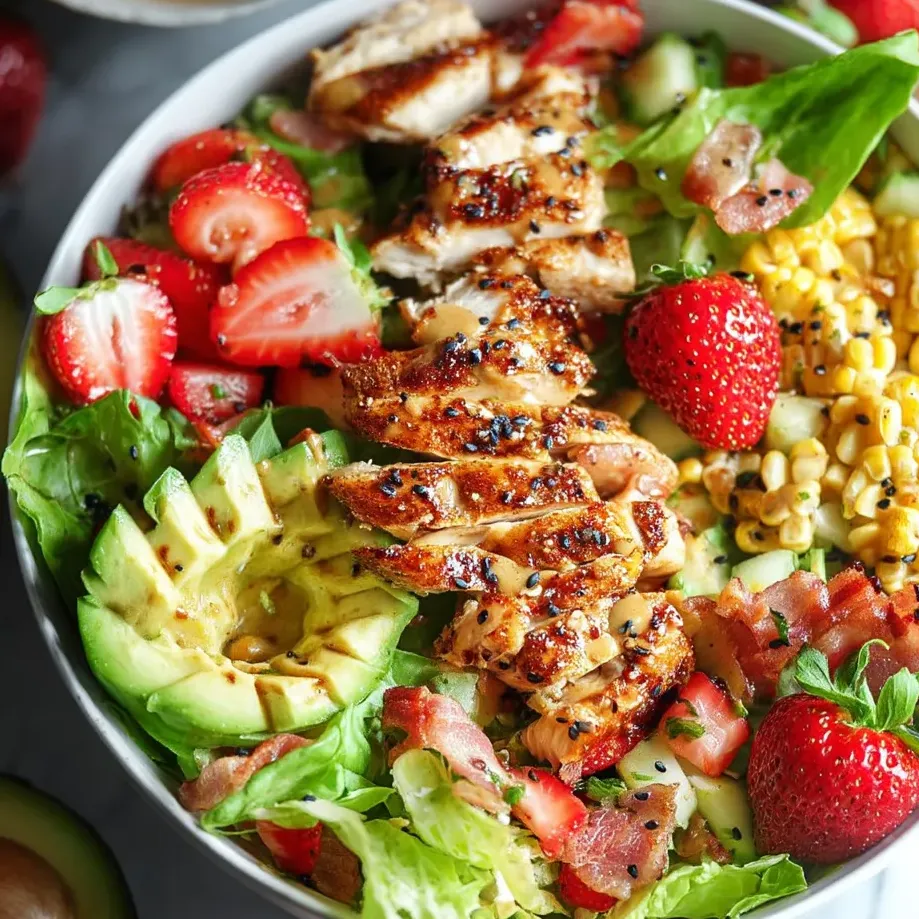 Bright salad bowl with grilled chicken, strawberries, and fresh greens.