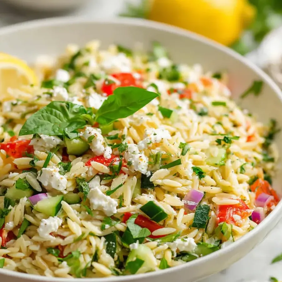 A bowl of orzo salad with vegetables and feta cheese.