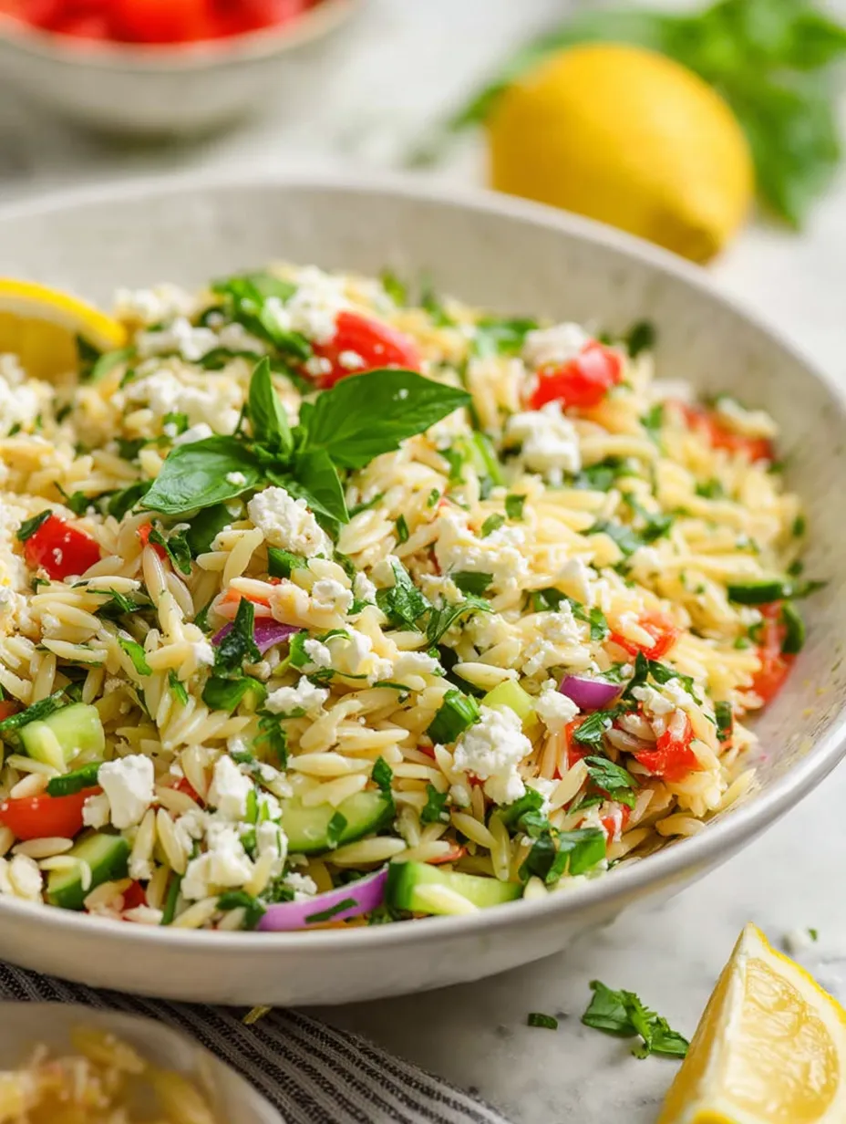 A bowl of pasta salad with feta cheese and lemon recipe.