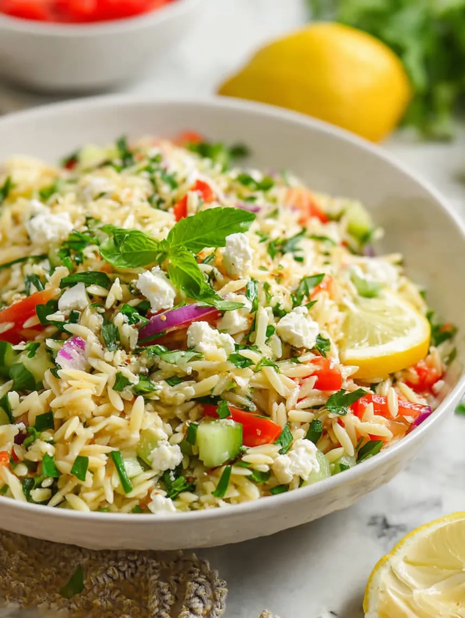A bowl of orzo salad with feta cheese and lemon.