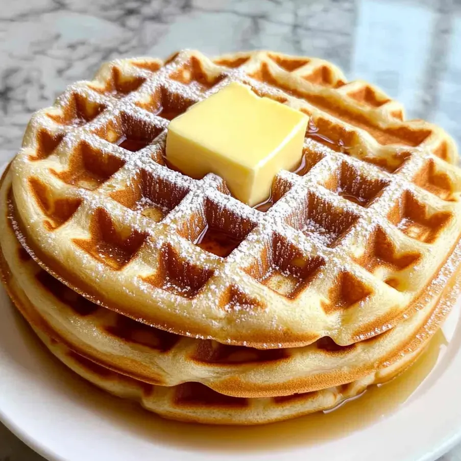 A stack of waffles topped with butter.