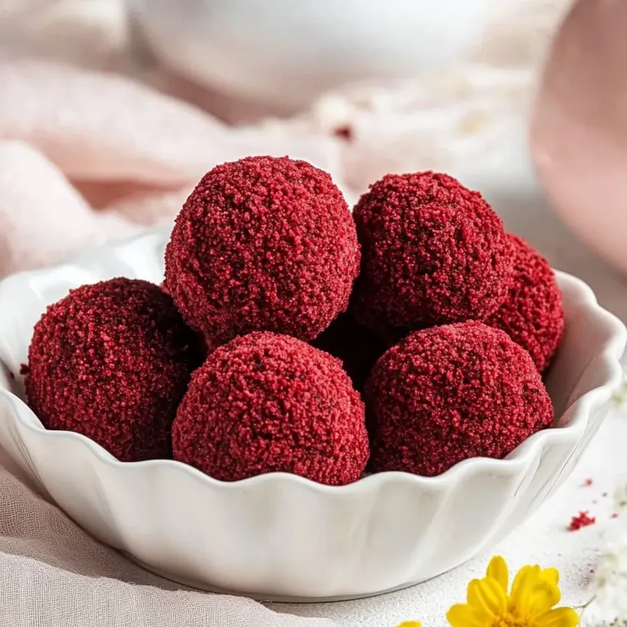 A dish filled with velvet cheesecake treats.