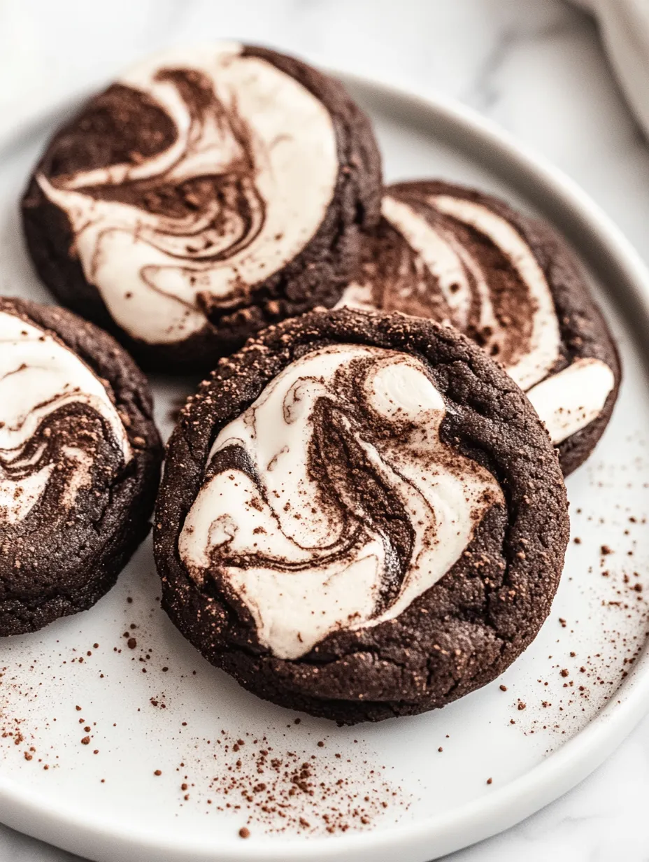 Chocolate cookies with marshmallow swirls stacked on a plate.