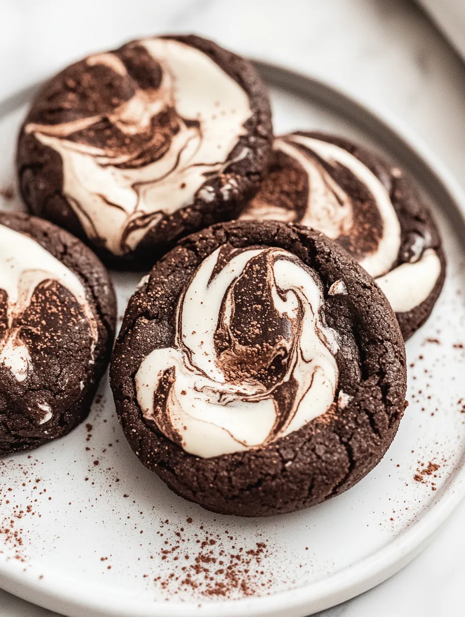 Chocolate cookies with swirled marshmallow tops on a white plate