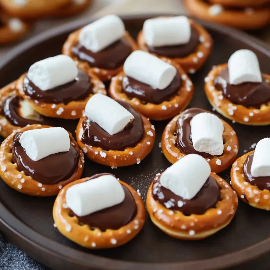 A plate of gooey pretzel s'mores bites.